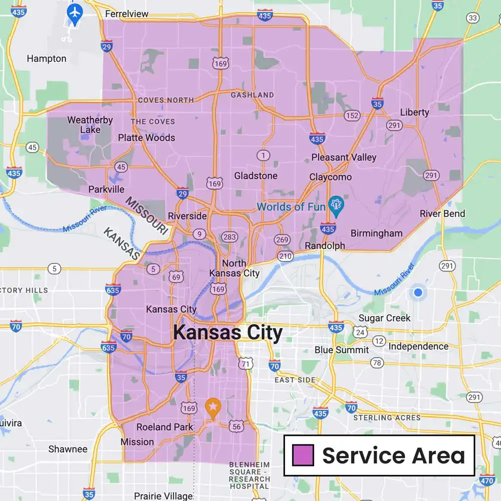 Map highlighting service area including Liberty, North Kansas City, Central Kansas City, MO, and North Eastern Johnson County 